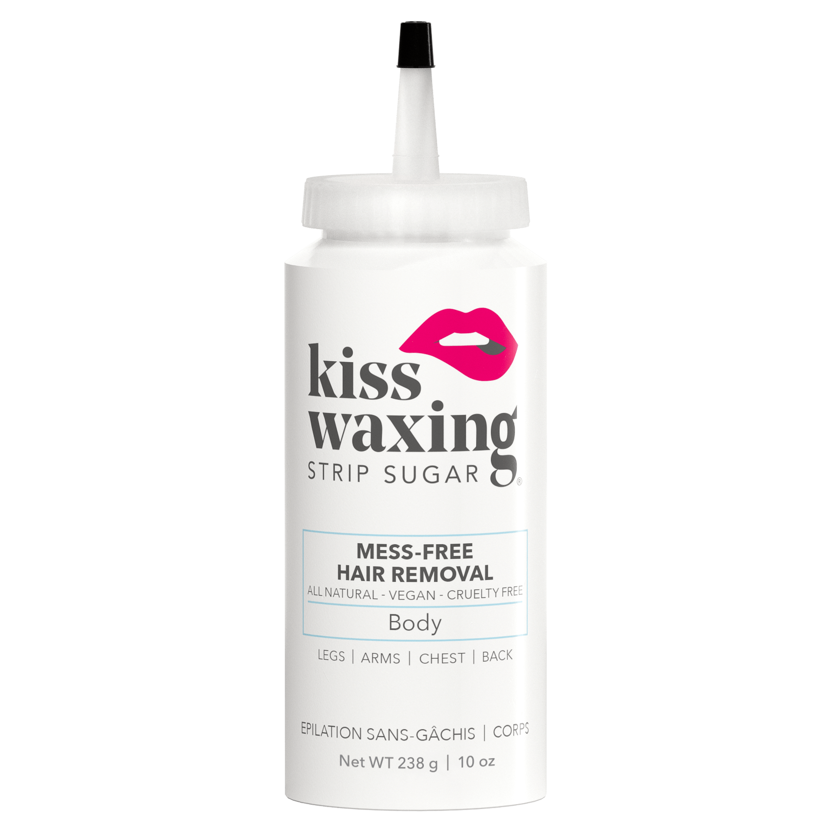 Bottle of kiss waxing strip sugar "body" on a white background