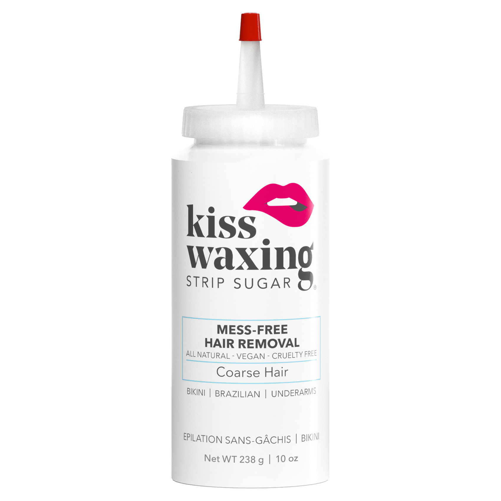 Bottle of kiss waxing strip sugar "coarse hair" on a white background