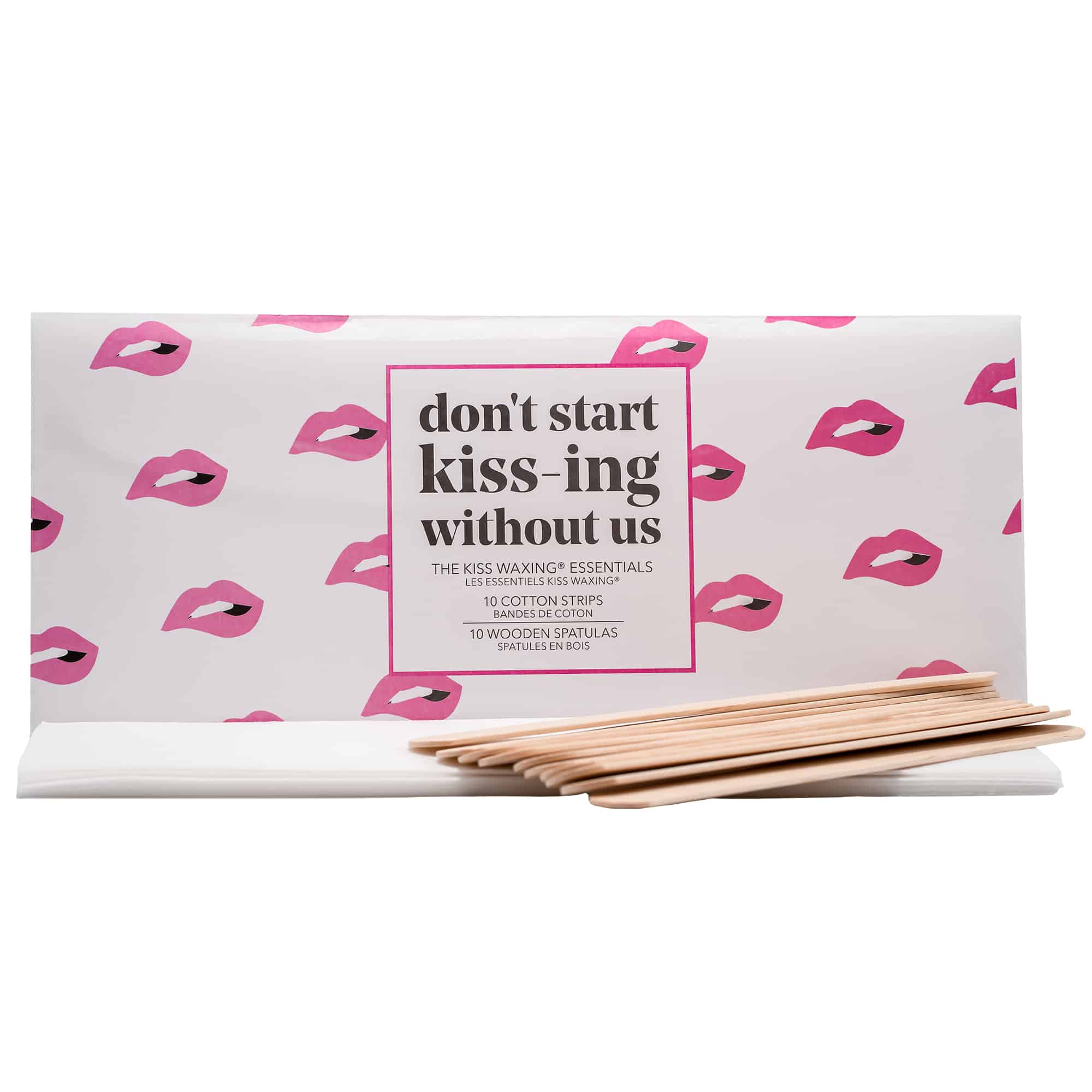 Kiss waxing "don't start kiss-ing without us" essentials envelope featuring the brand logo lips with wooden spatula and cotton strips