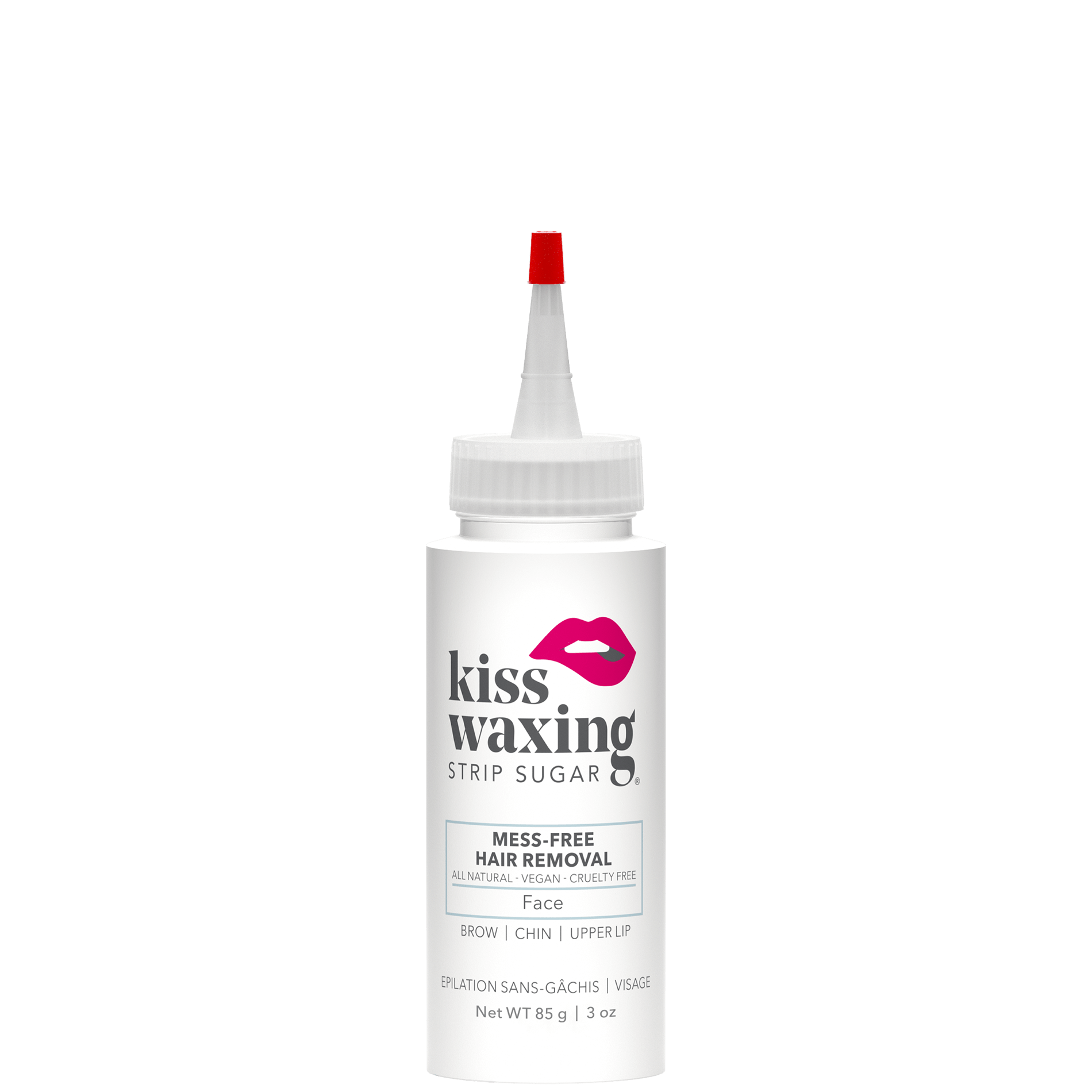Bottle of kiss waxing strip sugar "facial" on a white background
