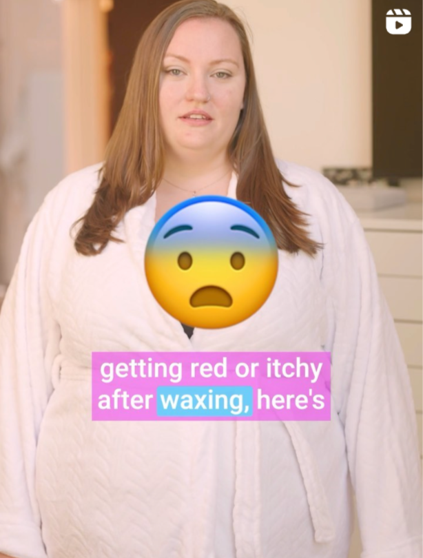 Woman wearing a white robe with a text overlay about redness or itchiness after waxing.