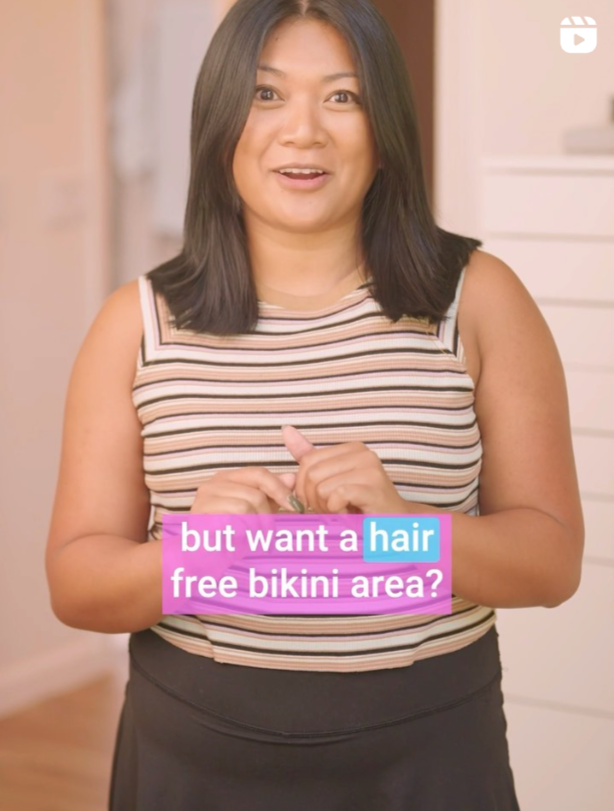 Woman wearing a striped sleeveless top with text overlay about hair removal.