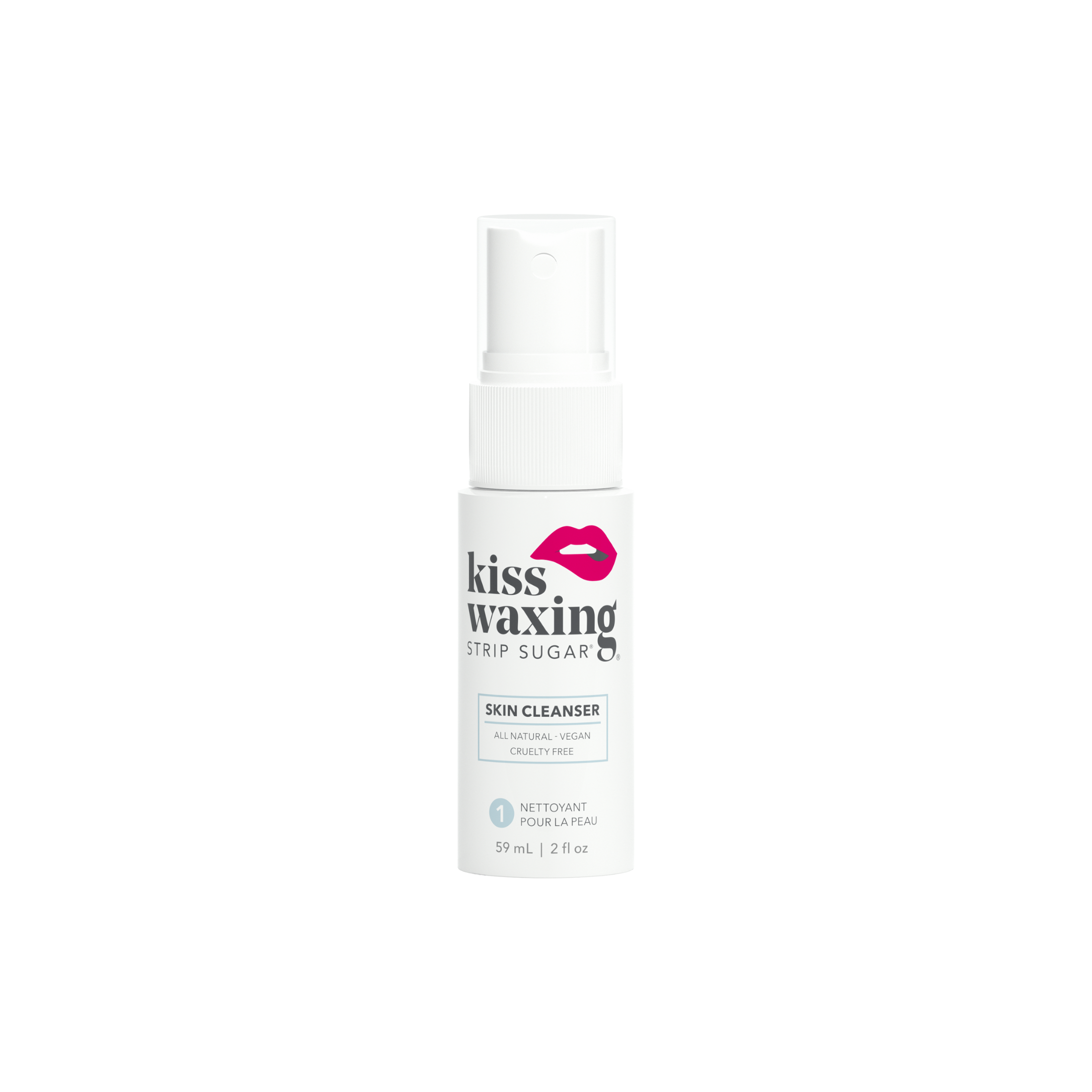 Bottle of 'kiss waxing' skin cleanser on a white background