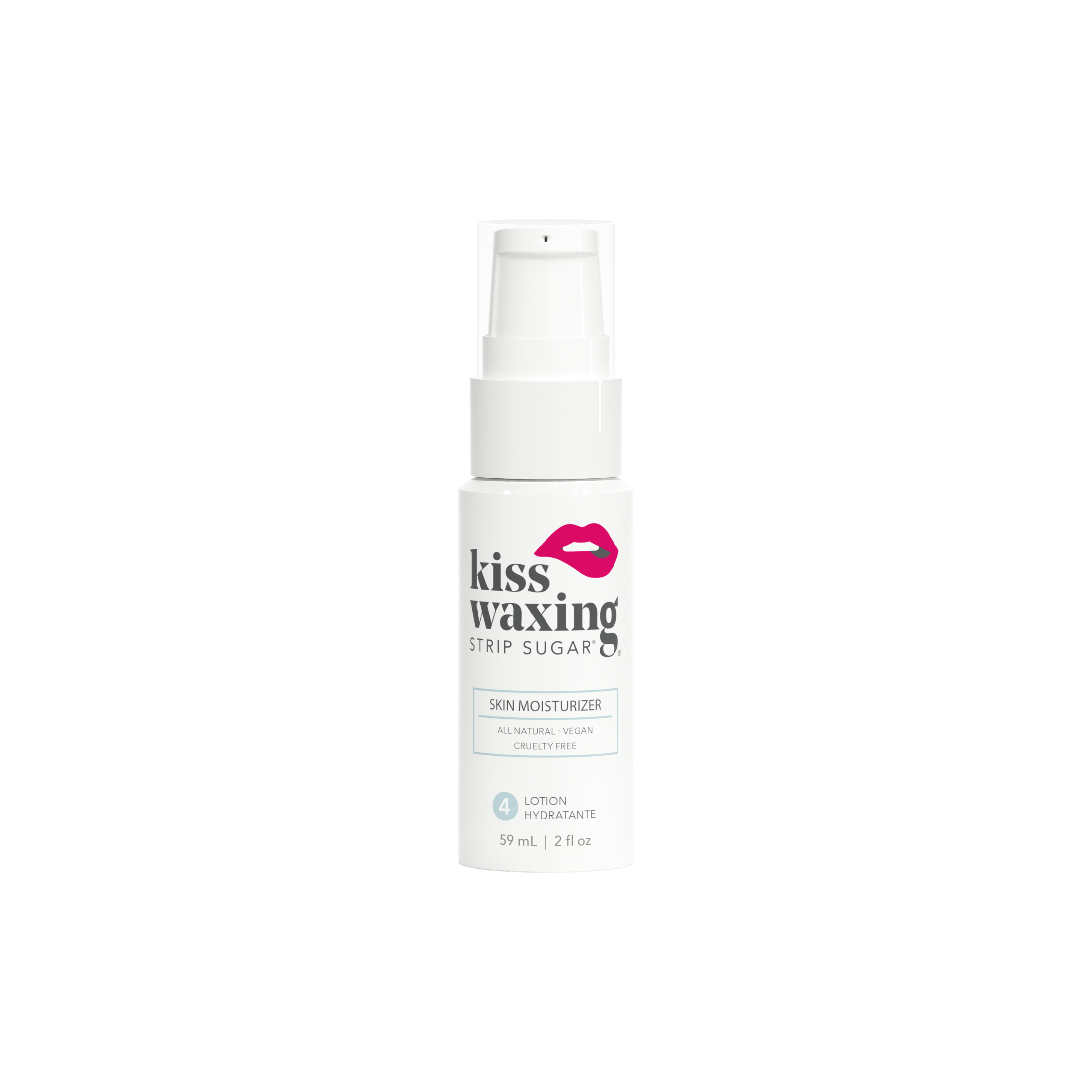 Bottle of 'kiss waxing' strip sugar skin moisturizer on a white background