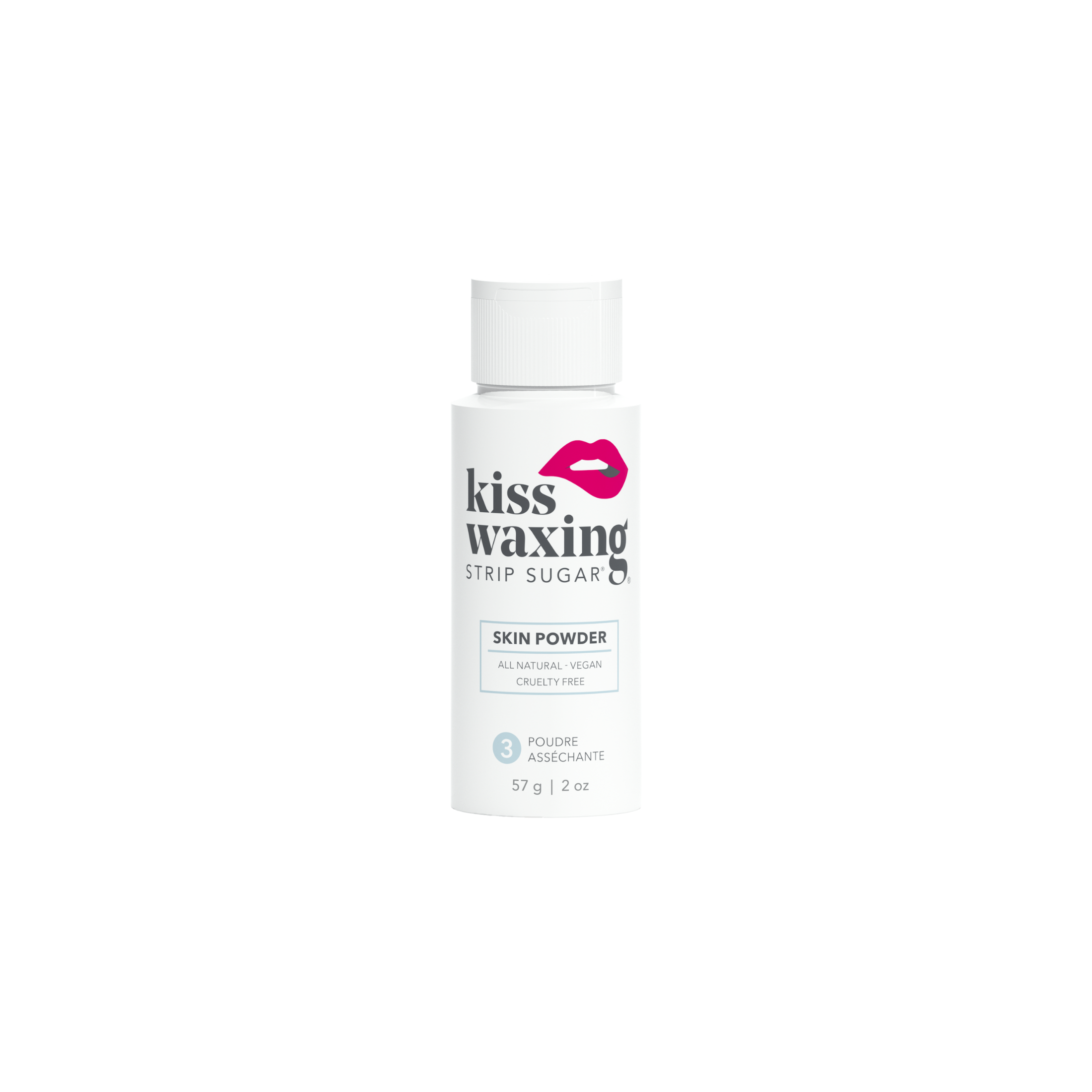 Kiss Waxing skin powder bottle on a white background